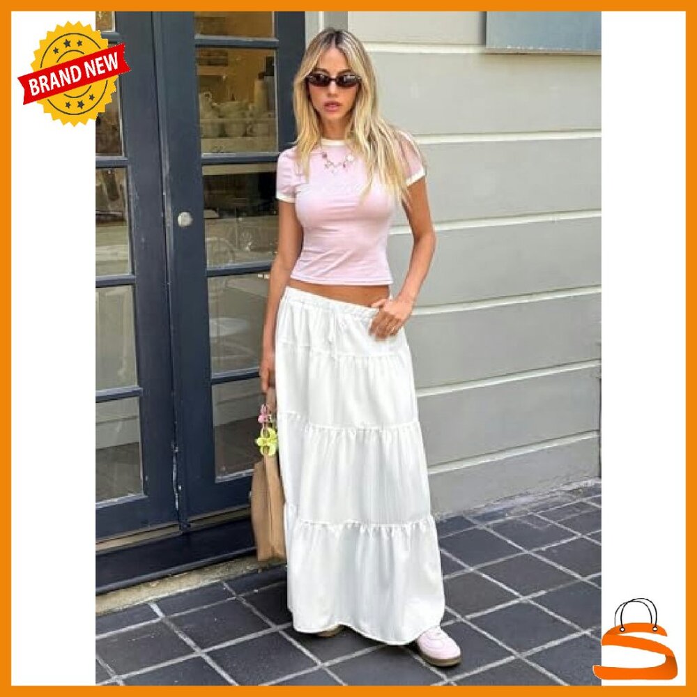 Long Maxi Skirt Boho Flowy Flared Ruffle A-Line Low Waist - Picture 4 of 8
